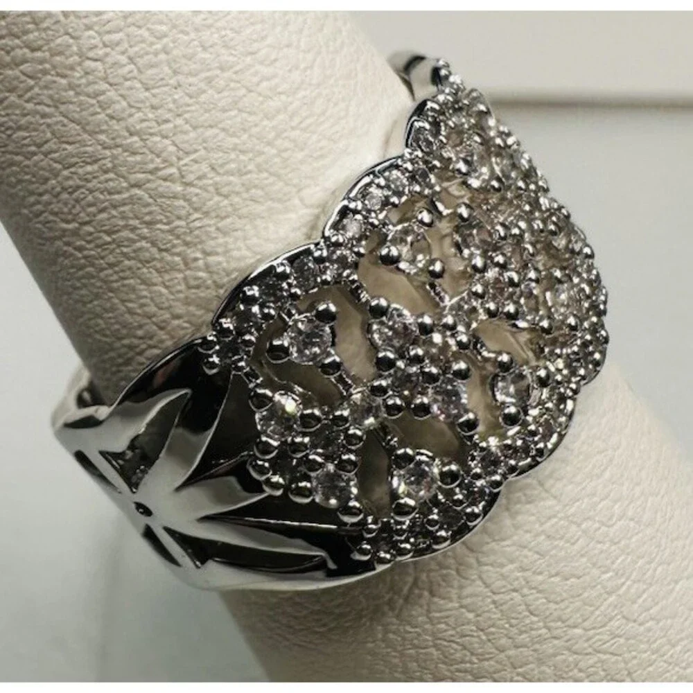Bomb Party Size 7 Clear CZ Wide Lace Statement Ring Rhodium Plated BP